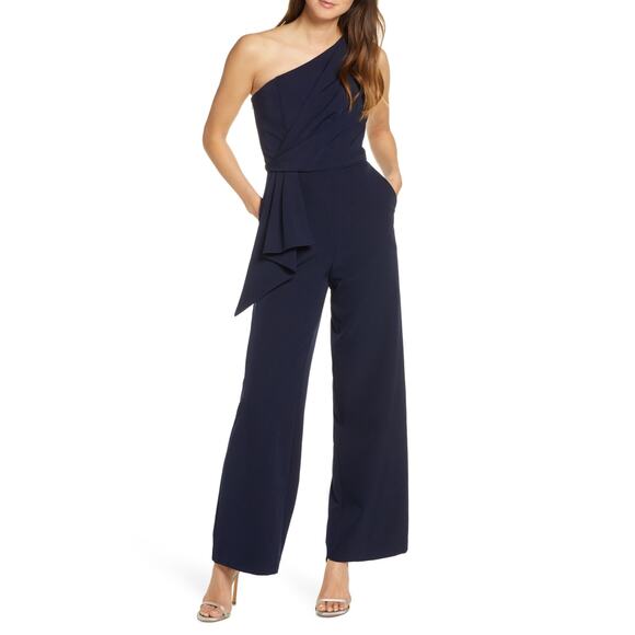 Eliza One Shoulder Navy Blue Jumpsuit Laguna Crepe Size 16 - Picture 1 of 5